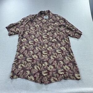FLAX Shirt Mens Small Red Floral Tropical Button Front Short Sleeve Rayon